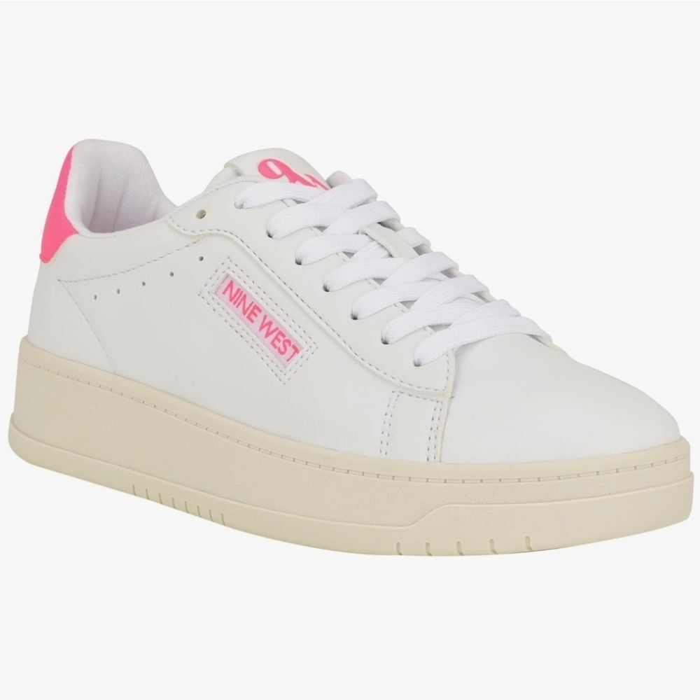🔥NIB Nine West White & Hot Pink Dunnit Faux Leather Sneakers Size 8